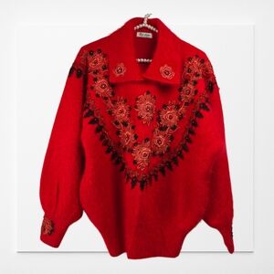 Su Lim Vintage Angora Red Sweater with Embellishments and Dolman Sleeves